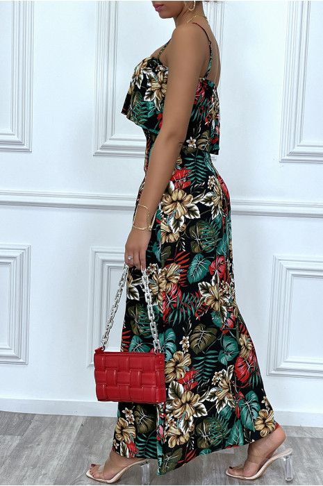 Robe longue noir élastique a la taille avec buste volant - 5