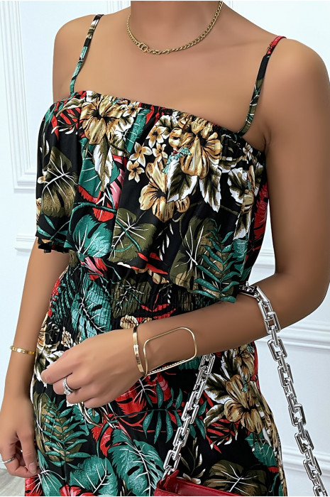 Robe longue noir élastique a la taille avec buste volant - 7