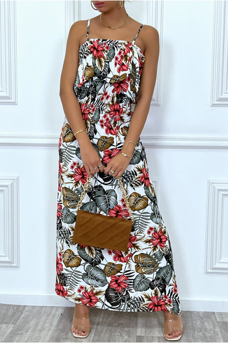 Robe longue blanche élastique a la taille avec buste volant - 2