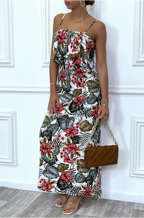 Robe longue blanche élastique a la taille avec buste volant - 3