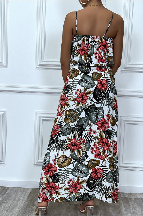 Robe longue blanche élastique a la taille avec buste volant - 7