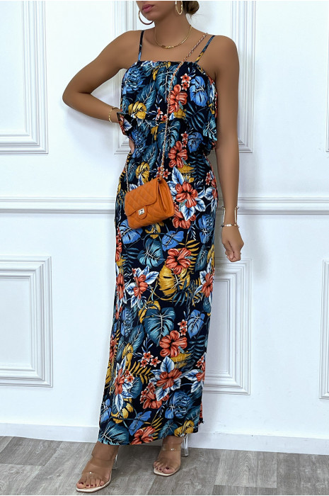 Robe longue marine élastique a la taille avec buste volant - 2