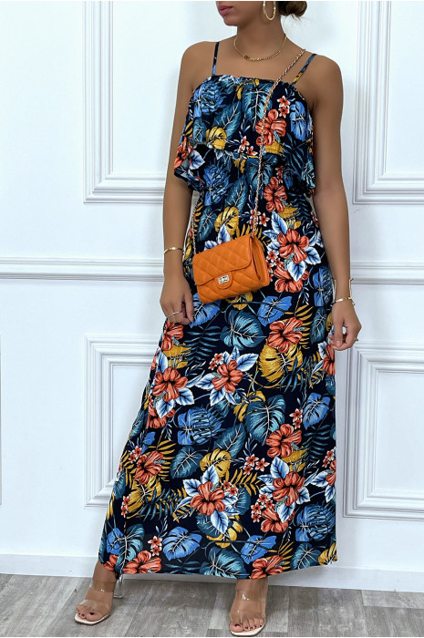 Robe longue marine élastique a la taille avec buste volant - 3