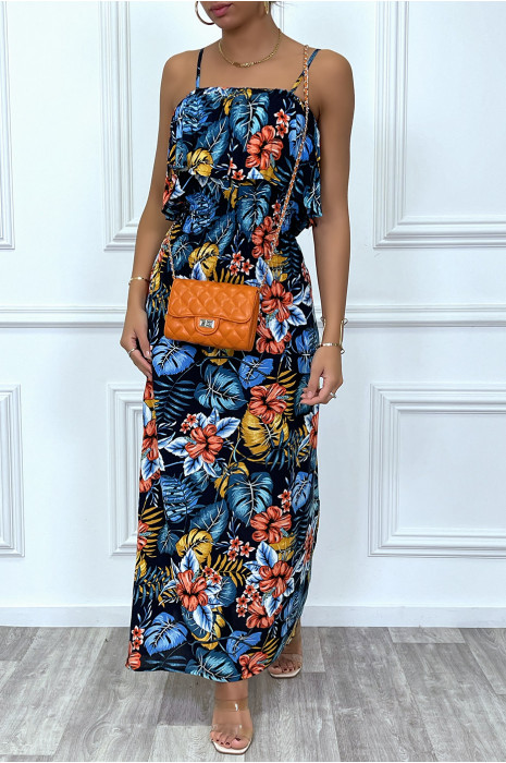 Robe longue marine élastique a la taille avec buste volant - 5