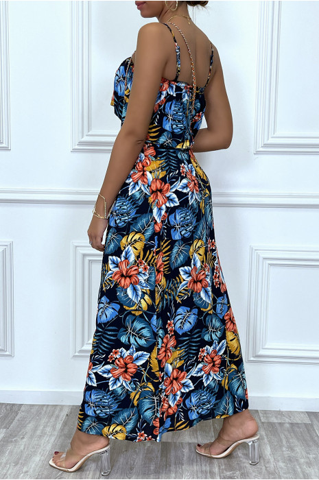 Robe longue marine élastique a la taille avec buste volant - 7