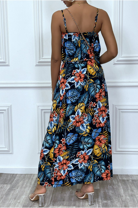 Robe longue marine élastique a la taille avec buste volant - 8