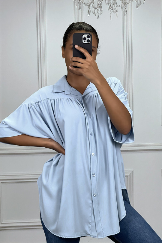 Oversized turquoise blouse met korte mouwen - 7