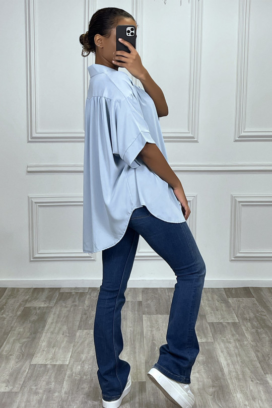 Oversized turquoise blouse met korte mouwen - 8