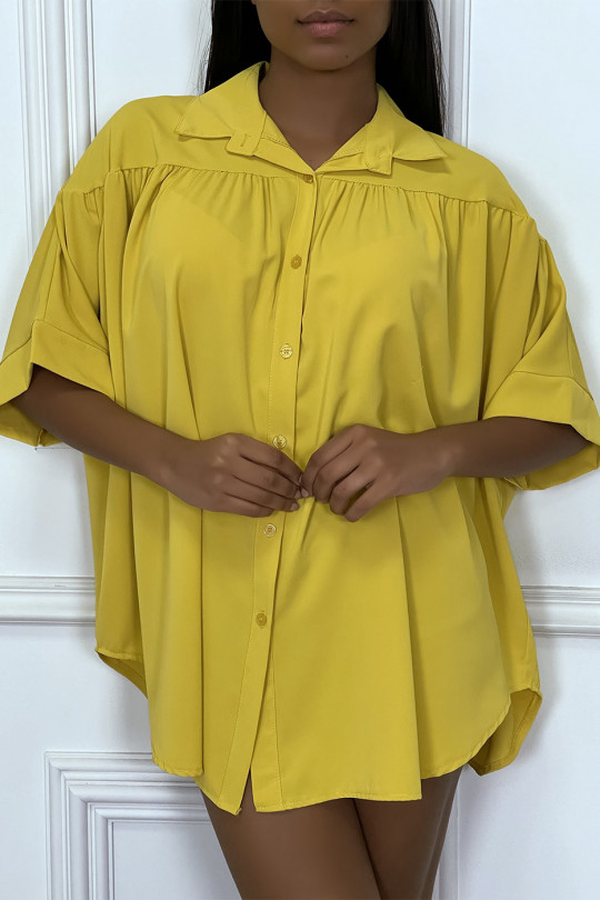 Mosterdgeel oversized blouse met korte mouwen - 1