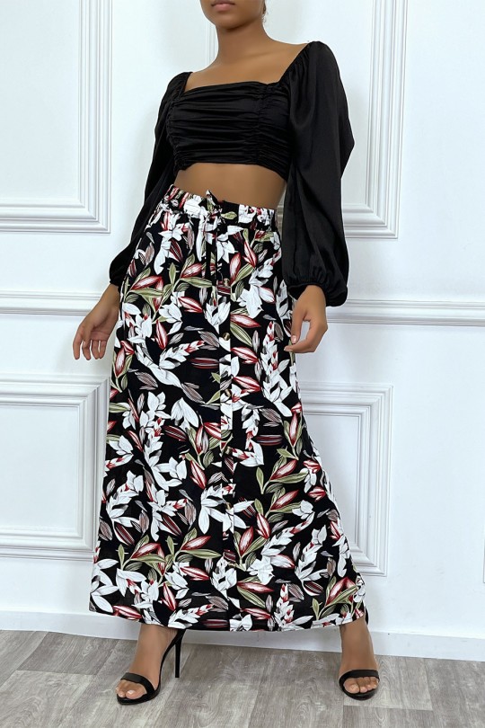 Long black floral skirt with buttons - 3