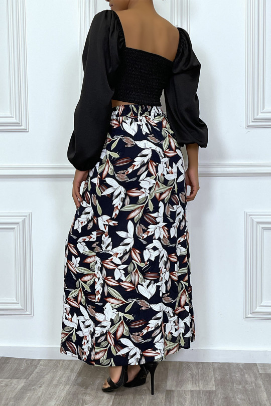 Long navy floral skirt with buttons - 5