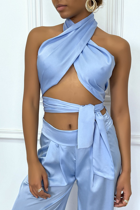 Tie ribbon top and turquoise satin palazzo set - 5