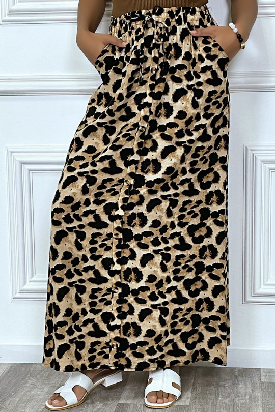 Long chocolate leopard skirt with buttons - 1