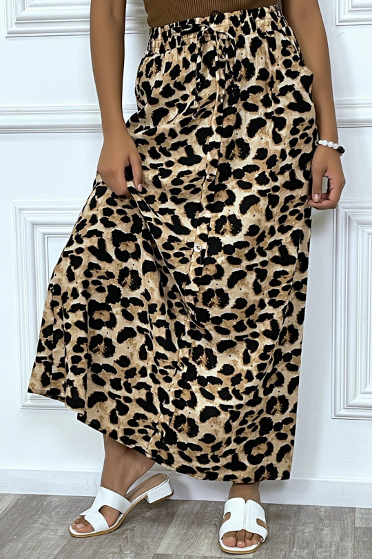 Long chocolate leopard skirt with buttons - 2