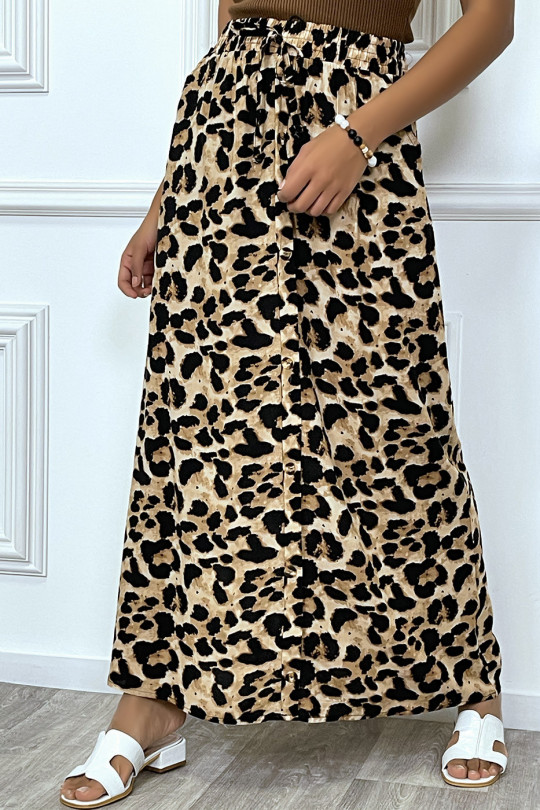 Long chocolate leopard skirt with buttons - 3