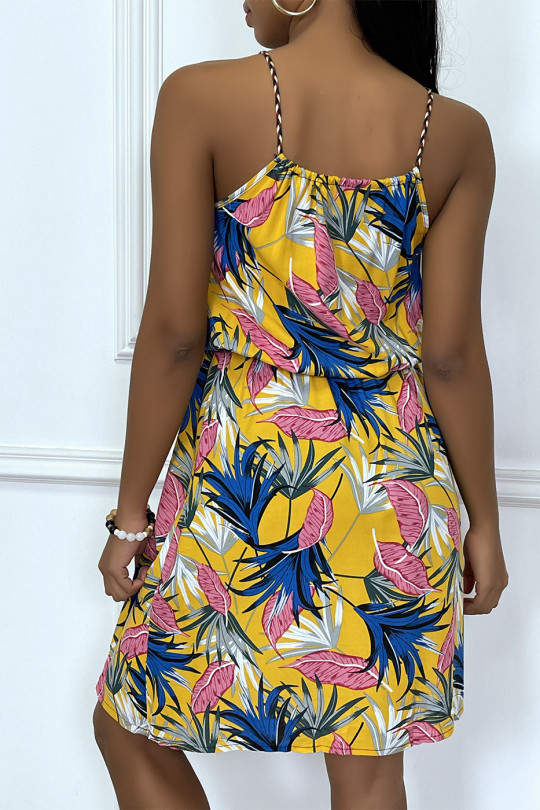 Mid-length yellow summer dress with tropical pattern - 6