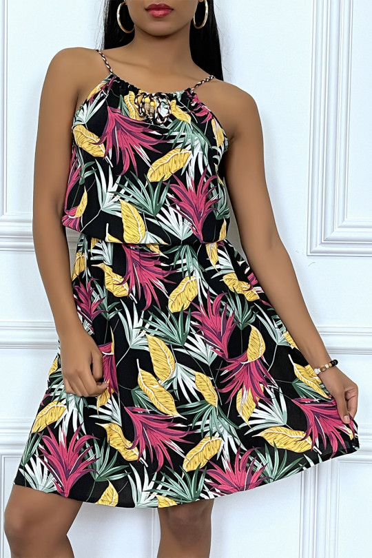 Mid-length yellow summer dress with tropical pattern - 7
