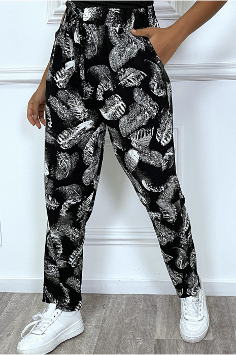 Zwarte soepelvallende broek met zakken en zeer trendy bladmotief - 2