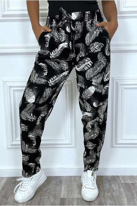 Zwarte soepelvallende broek met zakken en zeer trendy bladmotief - 5