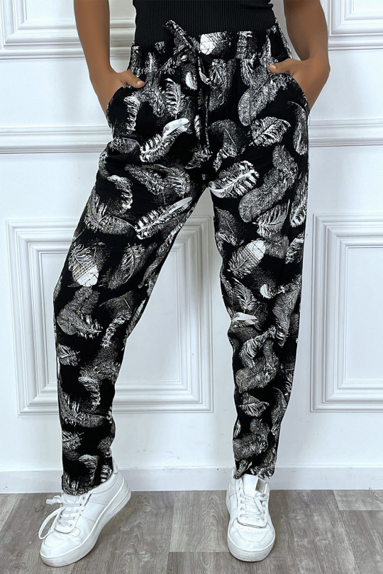 Pantalon fluide noir avec poches et motif feuille très tendance - 5