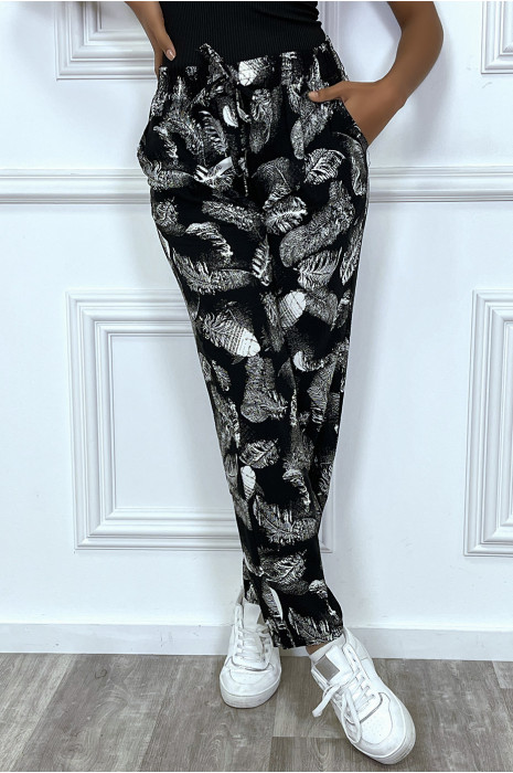 Zwarte soepelvallende broek met zakken en zeer trendy bladmotief - 8