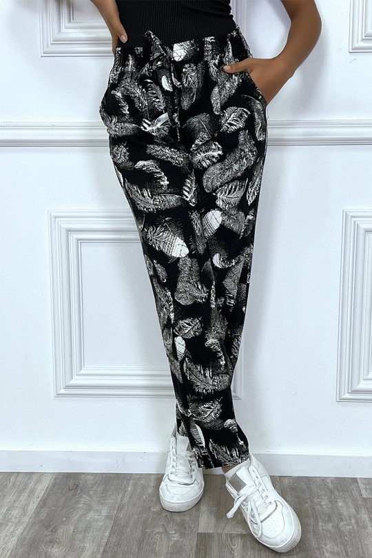 Pantalon fluide noir avec poches et motif feuille très tendance - 8