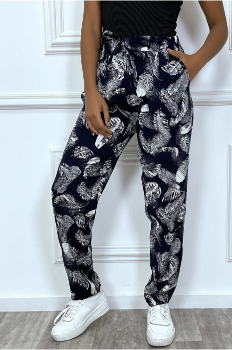 Pantalon fluide marine avec poches et motif feuille très tendance - 1