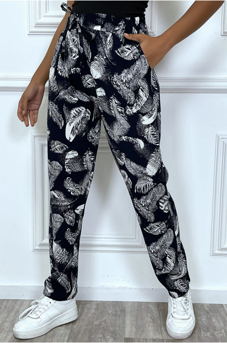 Pantalon fluide marine avec poches et motif feuille très tendance - 2