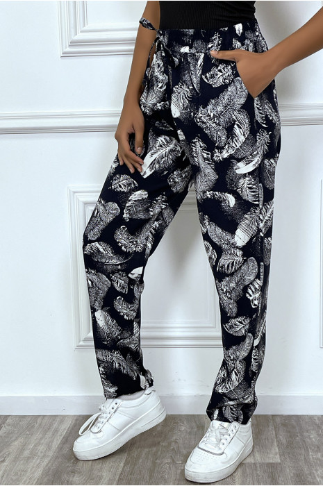 Pantalon fluide marine avec poches et motif feuille très tendance - 4