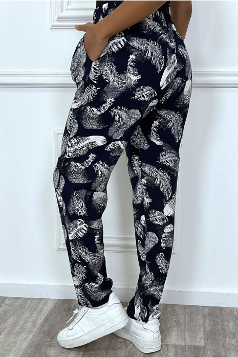 Pantalon fluide marine avec poches et motif feuille très tendance - 5
