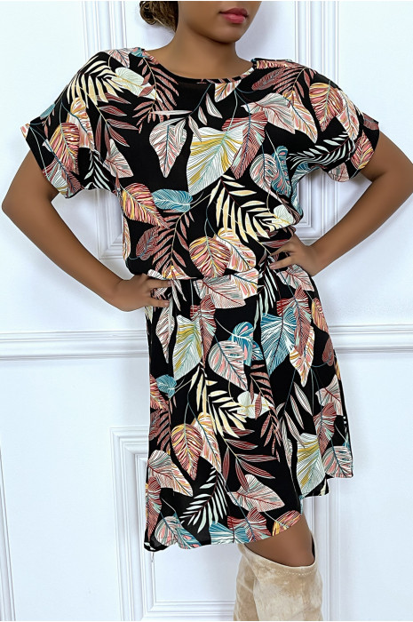 Robe noir ample et élastique à la taille motif feuilles super tendance - 1