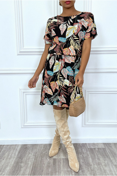 Robe noir ample et élastique à la taille motif feuilles super tendance - 2