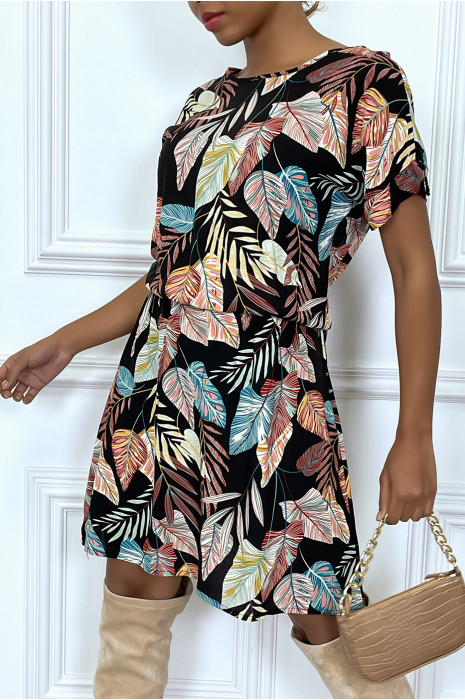 Robe noir ample et élastique à la taille motif feuilles super tendance - 3