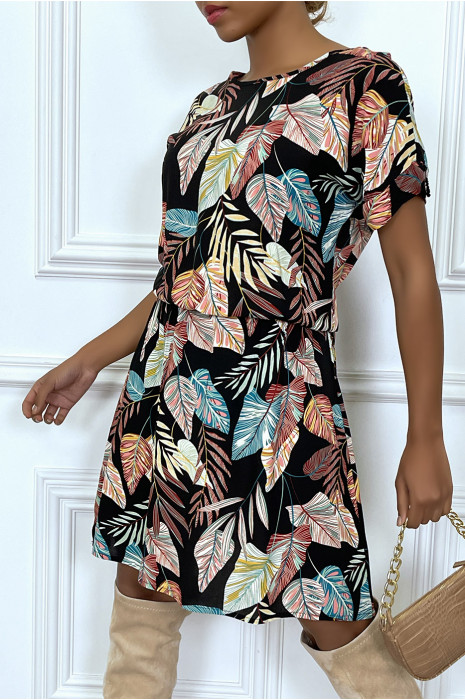 Robe noir ample et élastique à la taille motif feuilles super tendance - 4