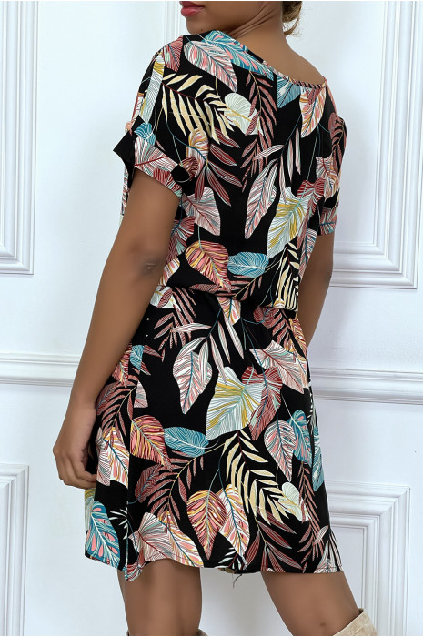 Robe noir ample et élastique à la taille motif feuilles super tendance - 5