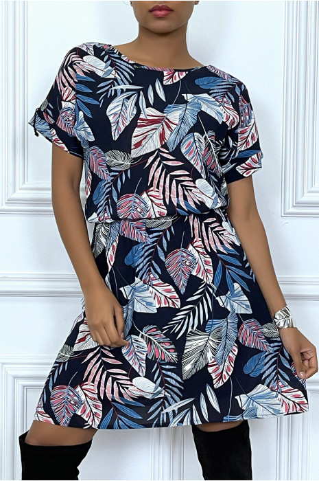 Robe marine ample et élastique à la taille motif feuilles super tendance - 1