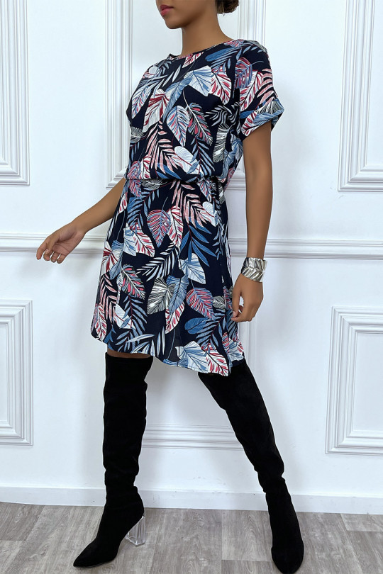 Loose navy dress with elastic waistband super trendy leaf pattern - 2