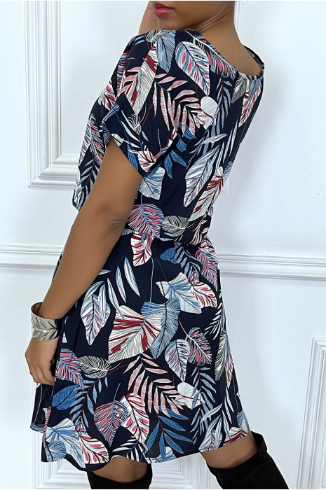 Loose navy dress with elastic waistband super trendy leaf pattern - 4