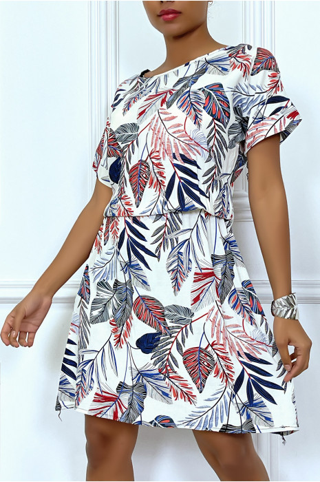 Robe blanche ample et élastique à la taille motif feuilles super tendance - 1