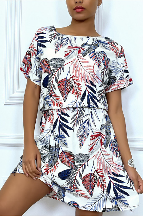 Robe blanche ample et élastique à la taille motif feuilles super tendance - 3