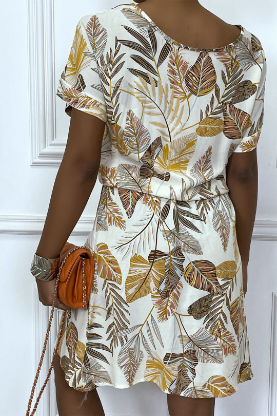 Loose beige dress with elastic waistband super trendy leaf pattern - 5