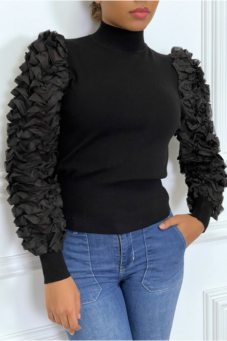 Pull noir avec manches à froufrous - 2