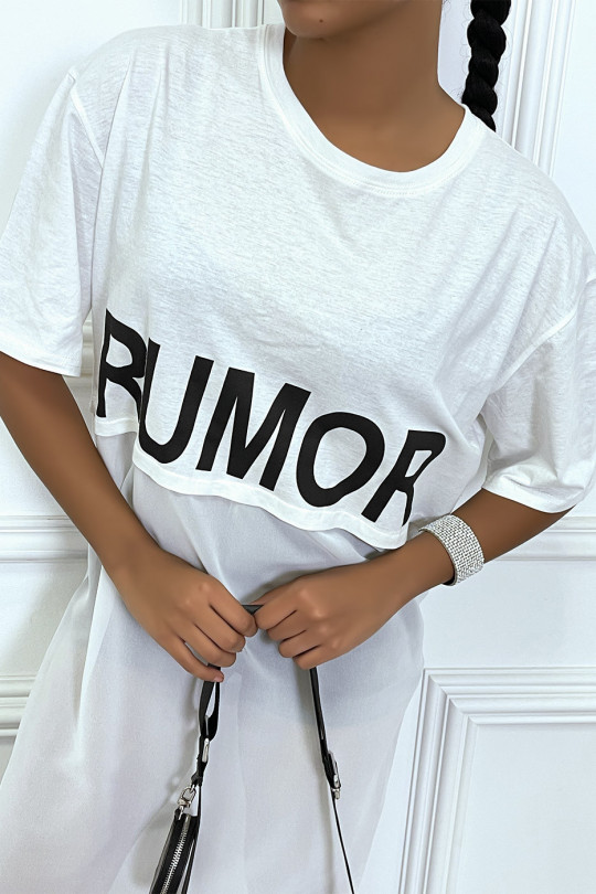 Long white oversized two-material T-shirt with writing - 1