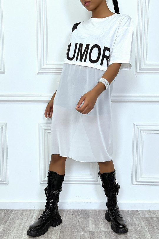 Long white oversized two-material T-shirt with writing - 3