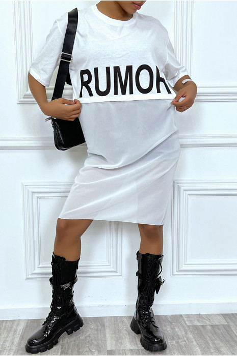 Long white oversized two-material T-shirt with writing - 4