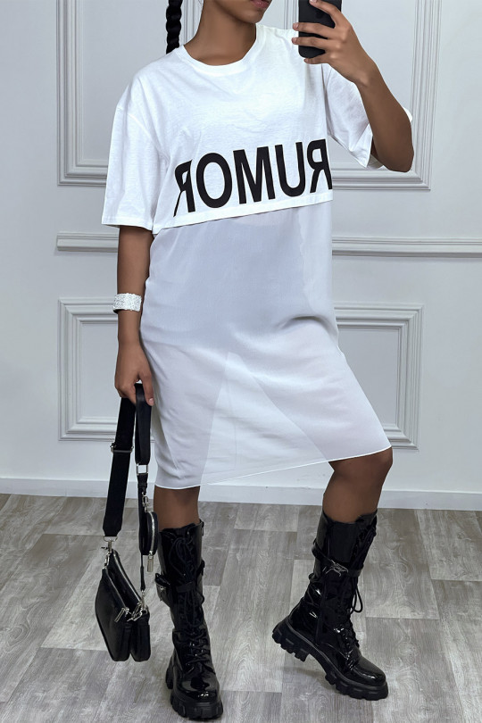 Long white oversized two-material T-shirt with writing - 5