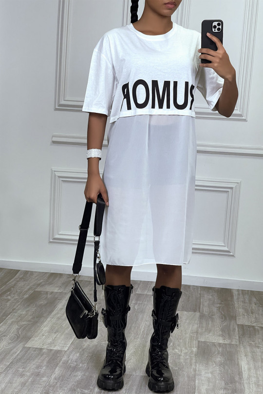 Long white oversized two-material T-shirt with writing - 6