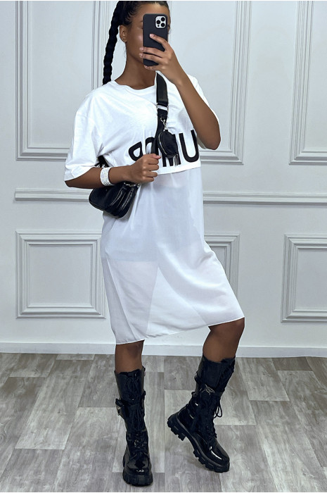 Lang wit oversized T-shirt van twee materialen met tekst - 7