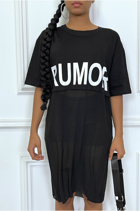 Long tee-shirt noir oversize bimatiére avec ecriture - 2