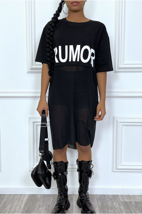 Long tee-shirt noir oversize bimatiére avec ecriture - 3